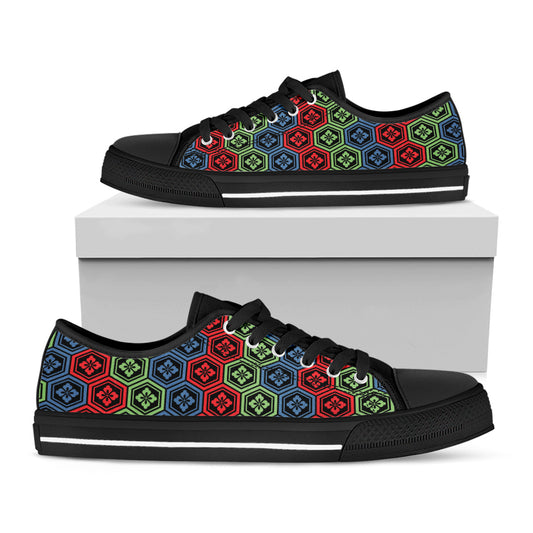 Colorful Japanese Flower Pattern Print Black Low Top Shoes