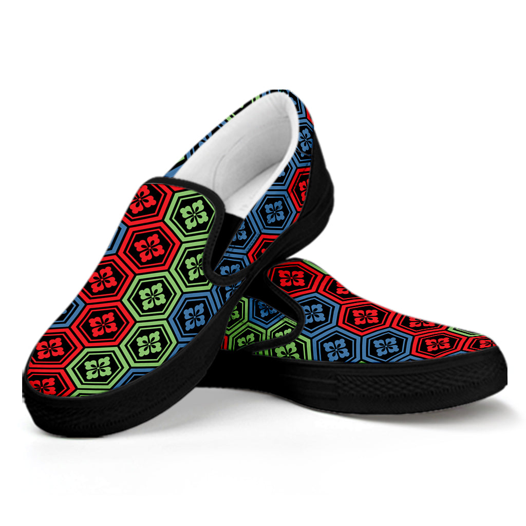 Colorful Japanese Flower Pattern Print Black Slip On Shoes