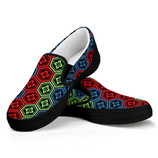 Colorful Japanese Flower Pattern Print Black Slip On Shoes