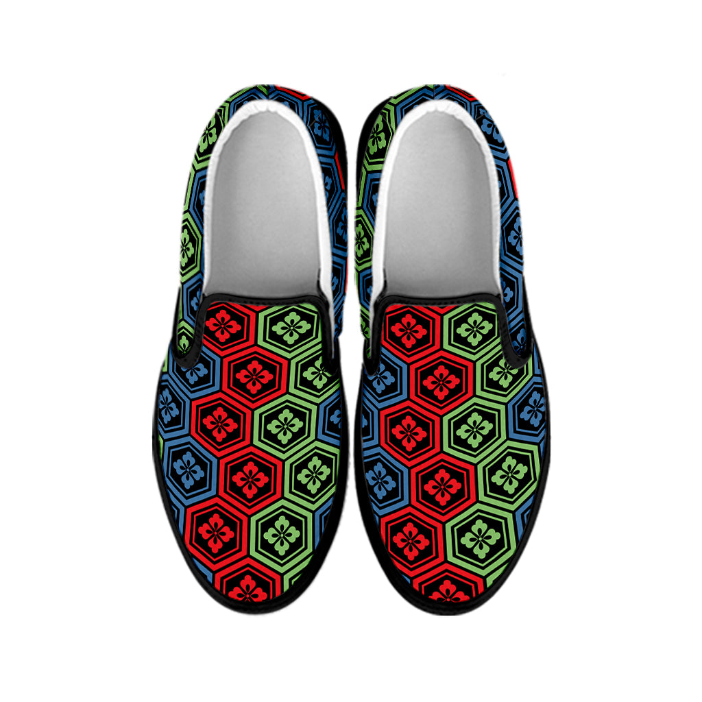 Colorful Japanese Flower Pattern Print Black Slip On Shoes