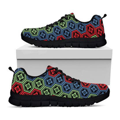 Colorful Japanese Flower Pattern Print Black Sneakers