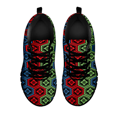 Colorful Japanese Flower Pattern Print Black Sneakers