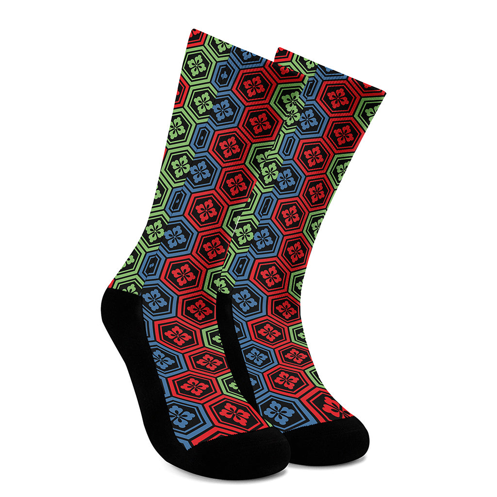 Colorful Japanese Flower Pattern Print Crew Socks