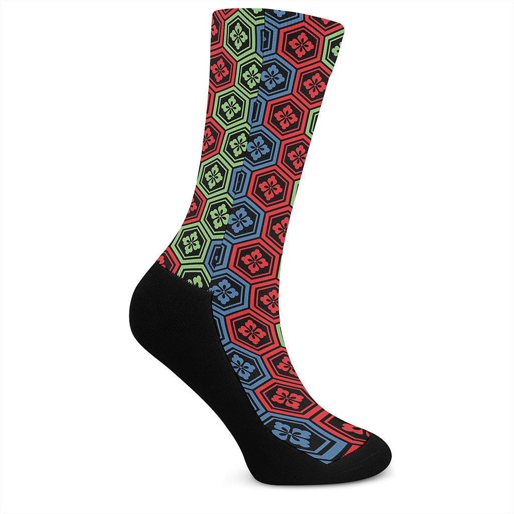 Colorful Japanese Flower Pattern Print Crew Socks