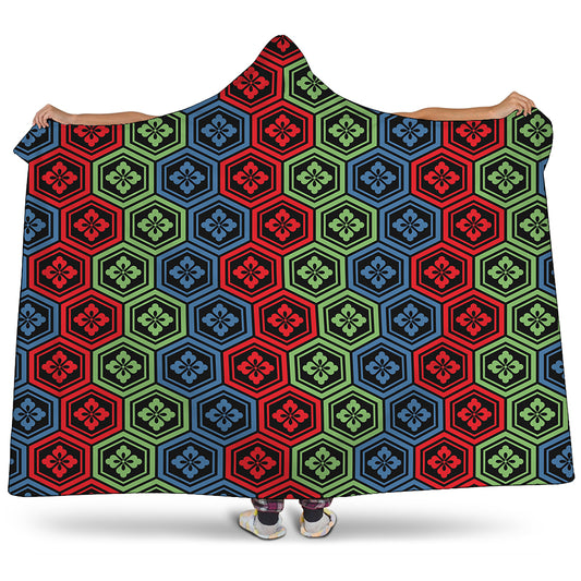 Colorful Japanese Flower Pattern Print Hooded Blanket