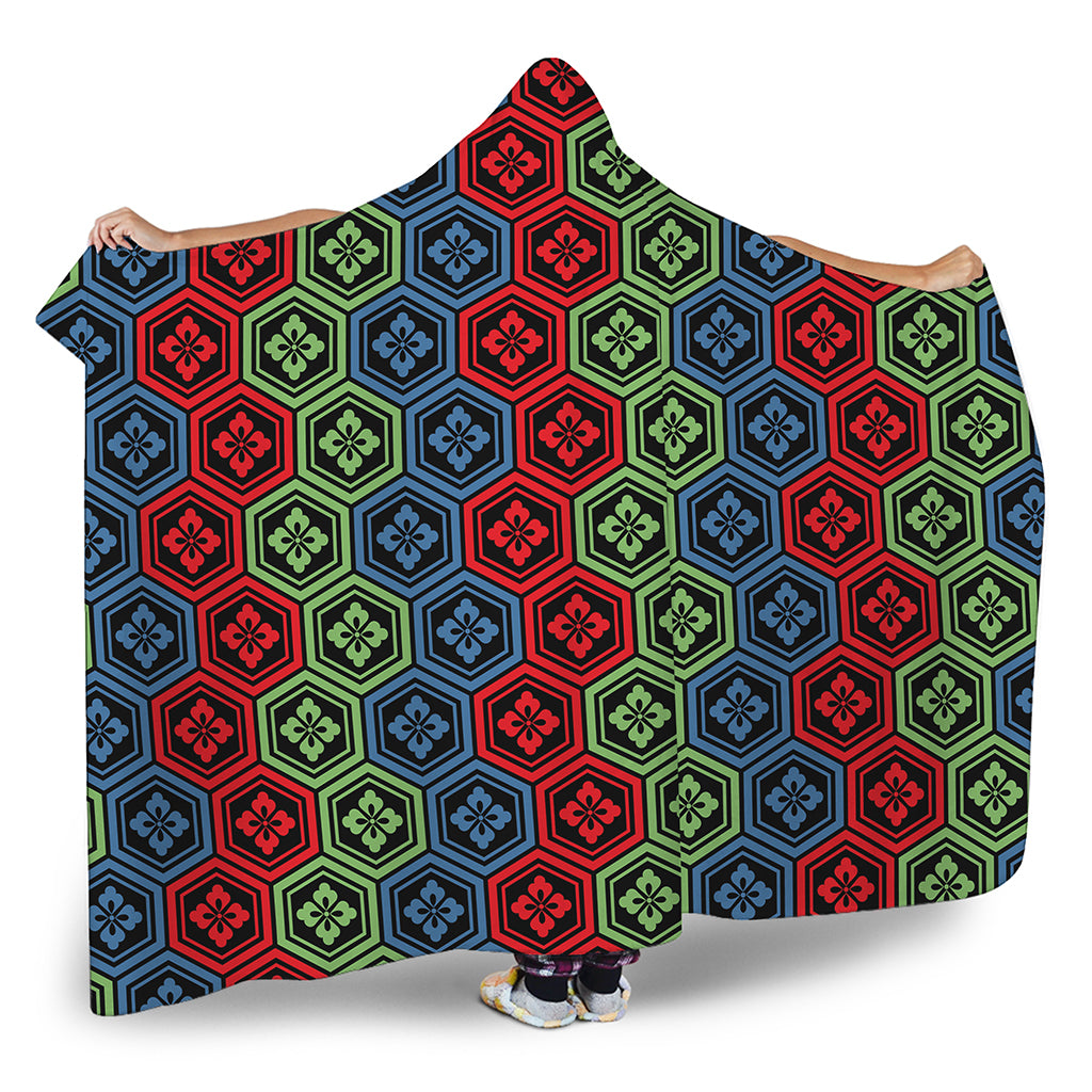 Colorful Japanese Flower Pattern Print Hooded Blanket