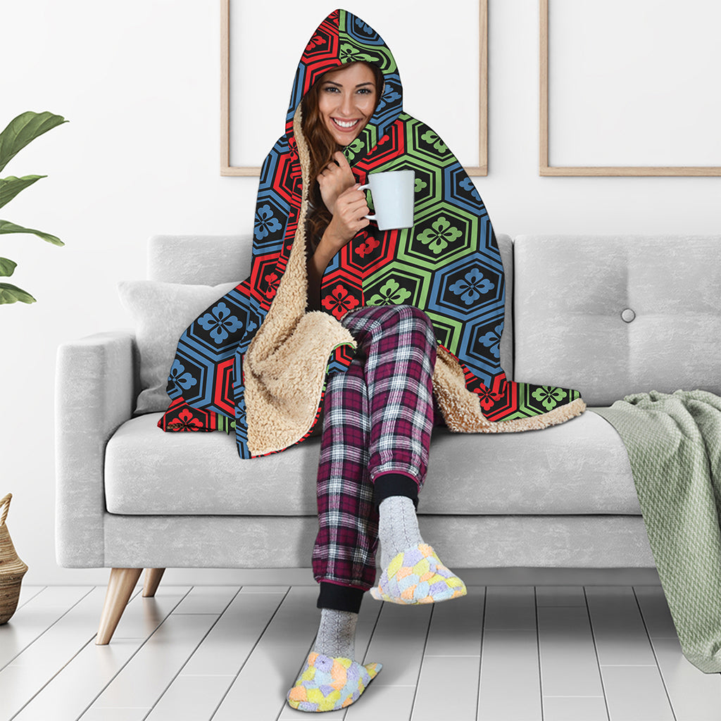 Colorful Japanese Flower Pattern Print Hooded Blanket