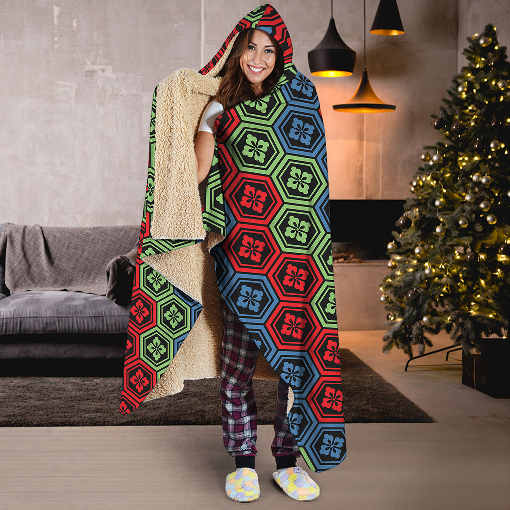 Colorful Japanese Flower Pattern Print Hooded Blanket
