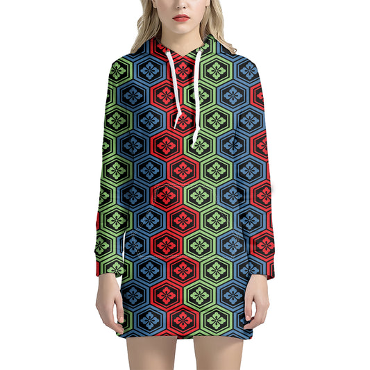 Colorful Japanese Flower Pattern Print Hoodie Dress