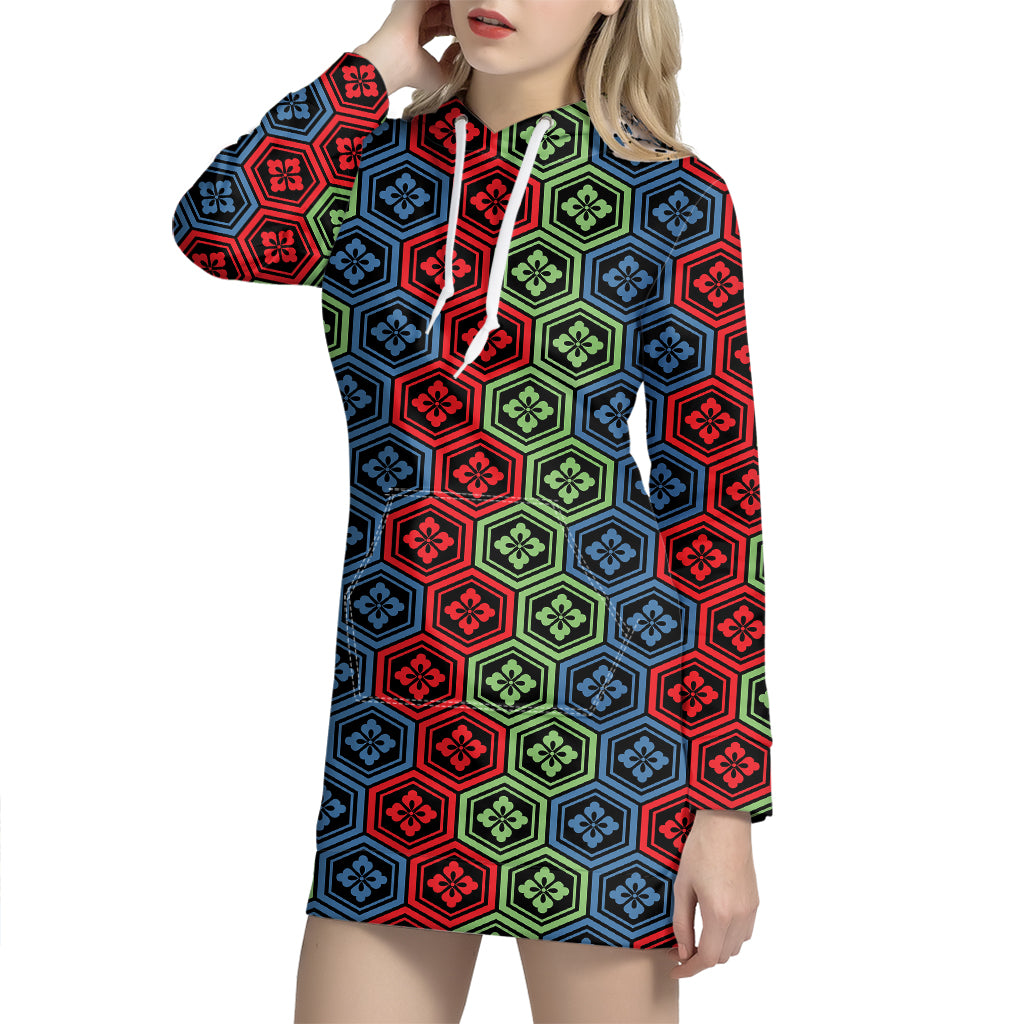 Colorful Japanese Flower Pattern Print Hoodie Dress