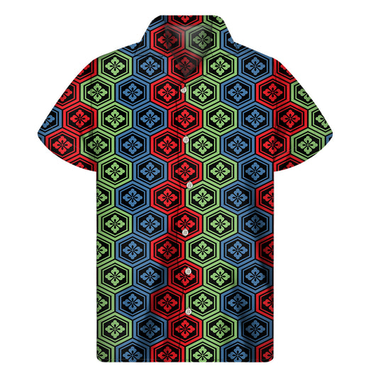 Colorful Japanese Flower Pattern Print Men's Short Sleeve Shirt