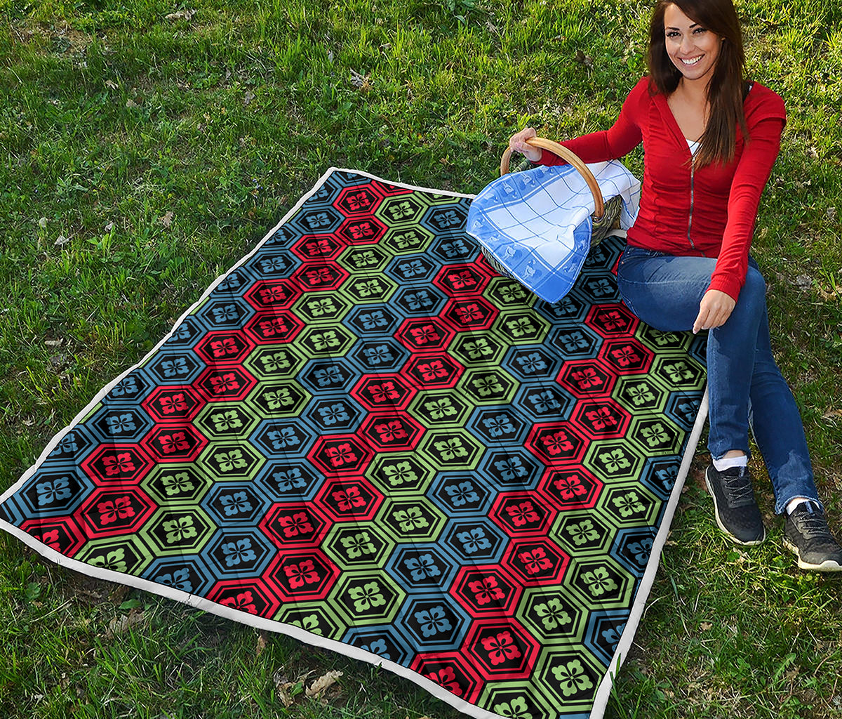 Colorful Japanese Flower Pattern Print Quilt