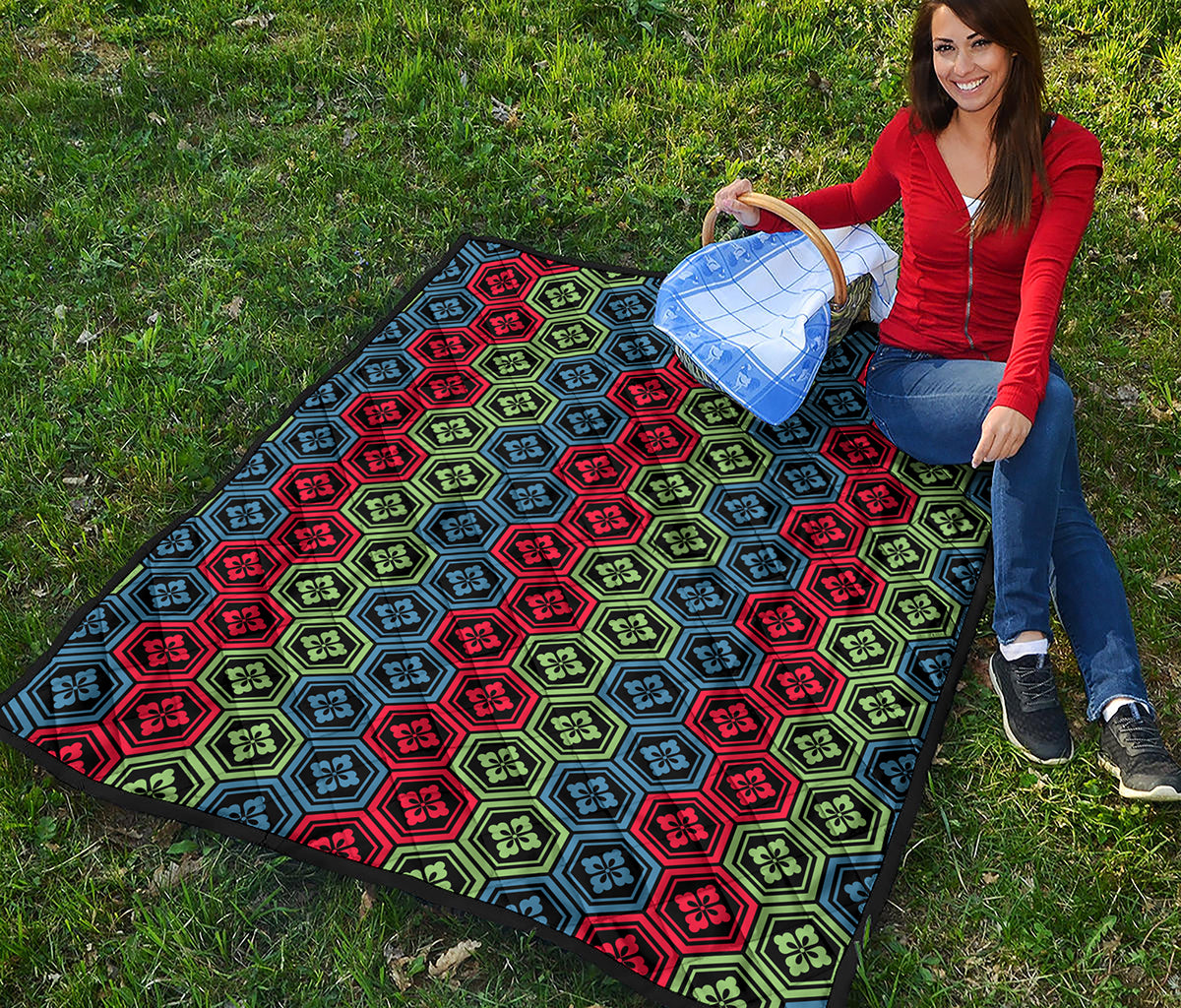 Colorful Japanese Flower Pattern Print Quilt