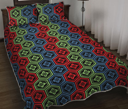 Colorful Japanese Flower Pattern Print Quilt Bed Set