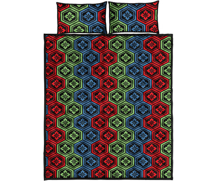 Colorful Japanese Flower Pattern Print Quilt Bed Set