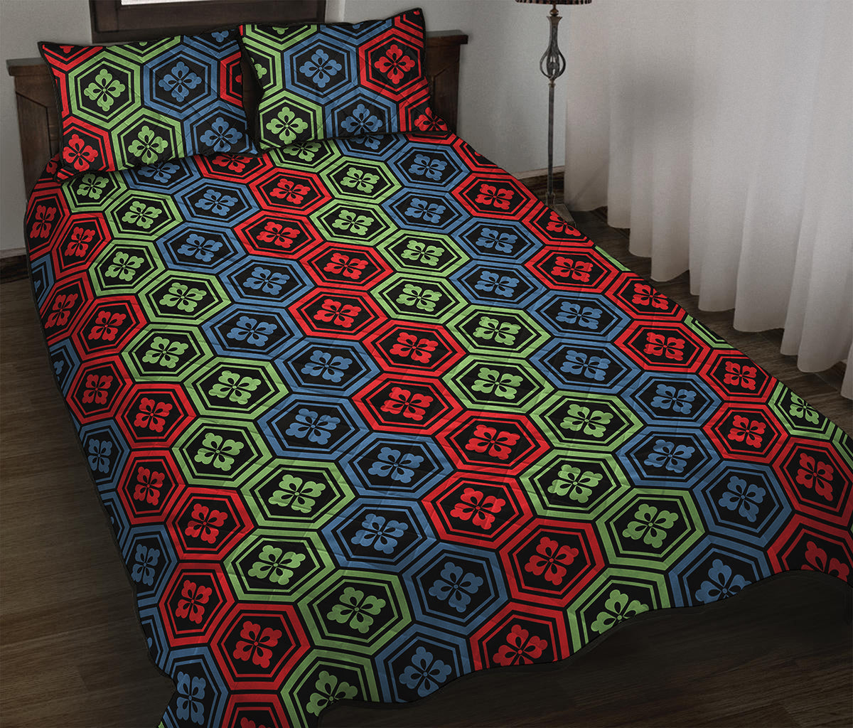 Colorful Japanese Flower Pattern Print Quilt Bed Set