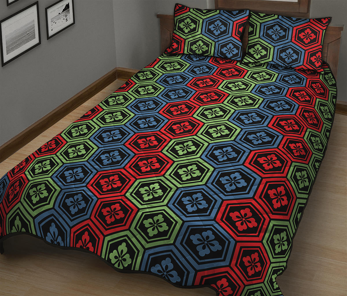 Colorful Japanese Flower Pattern Print Quilt Bed Set