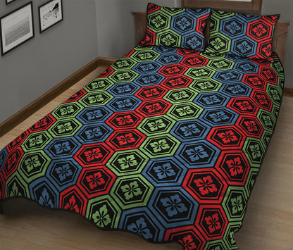 Colorful Japanese Flower Pattern Print Quilt Bed Set