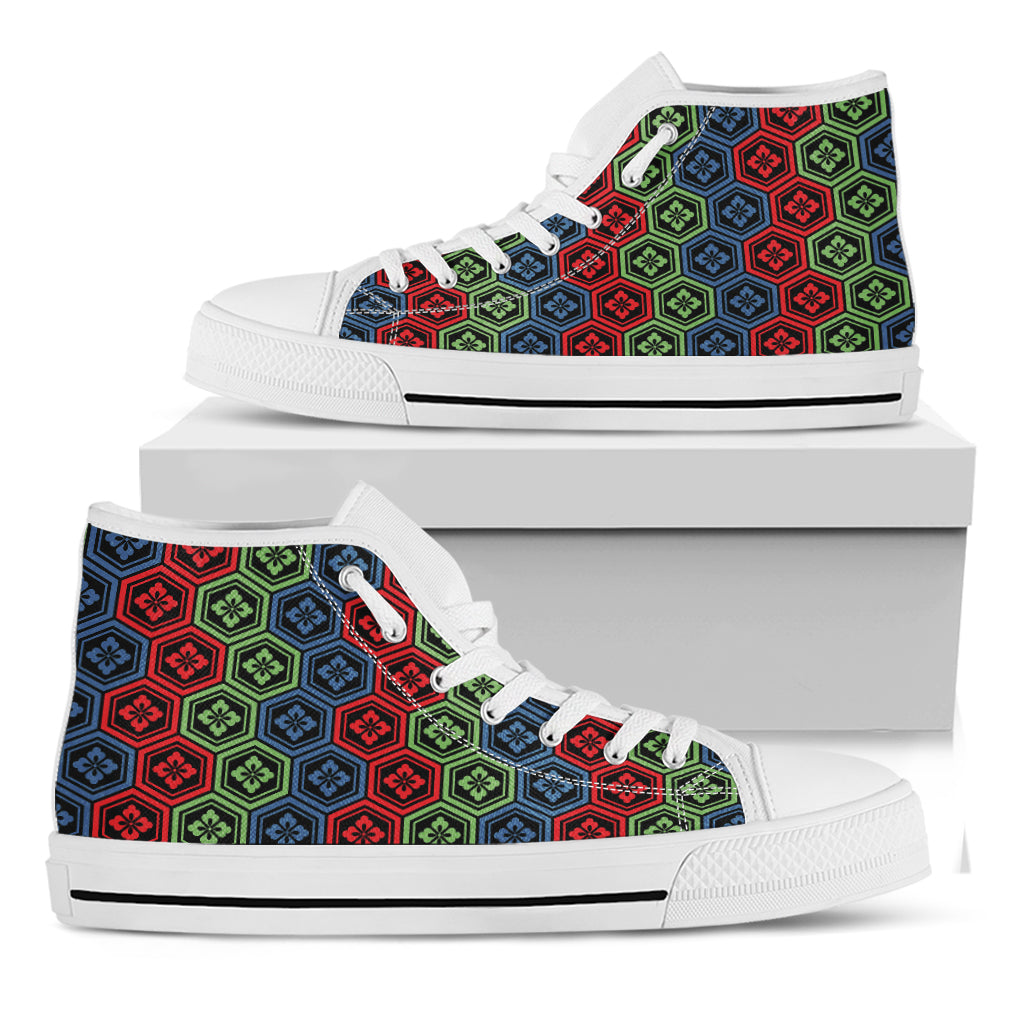 Colorful Japanese Flower Pattern Print White High Top Shoes