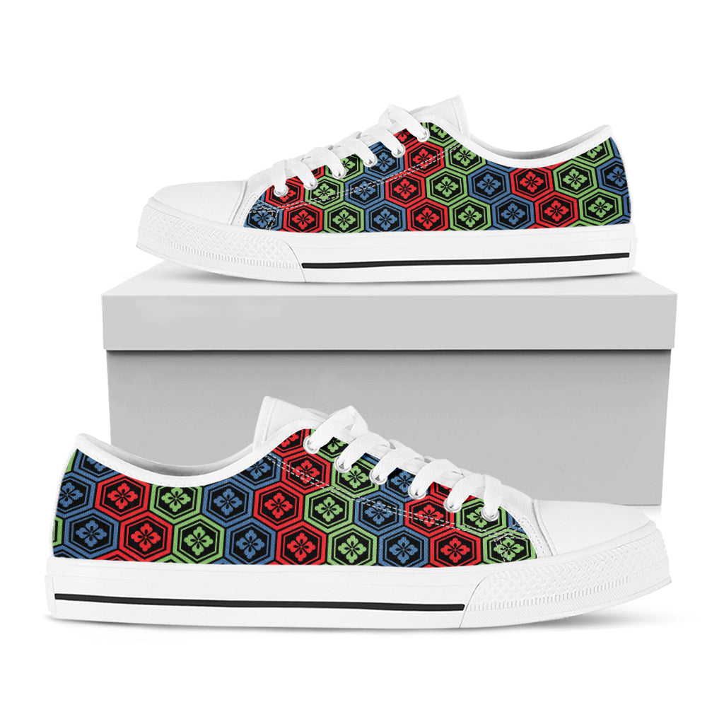 Colorful Japanese Flower Pattern Print White Low Top Shoes