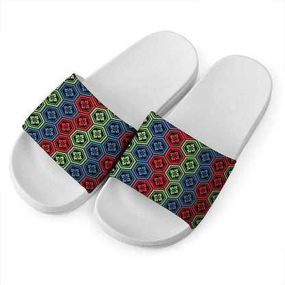 Colorful Japanese Flower Pattern Print White Slide Sandals