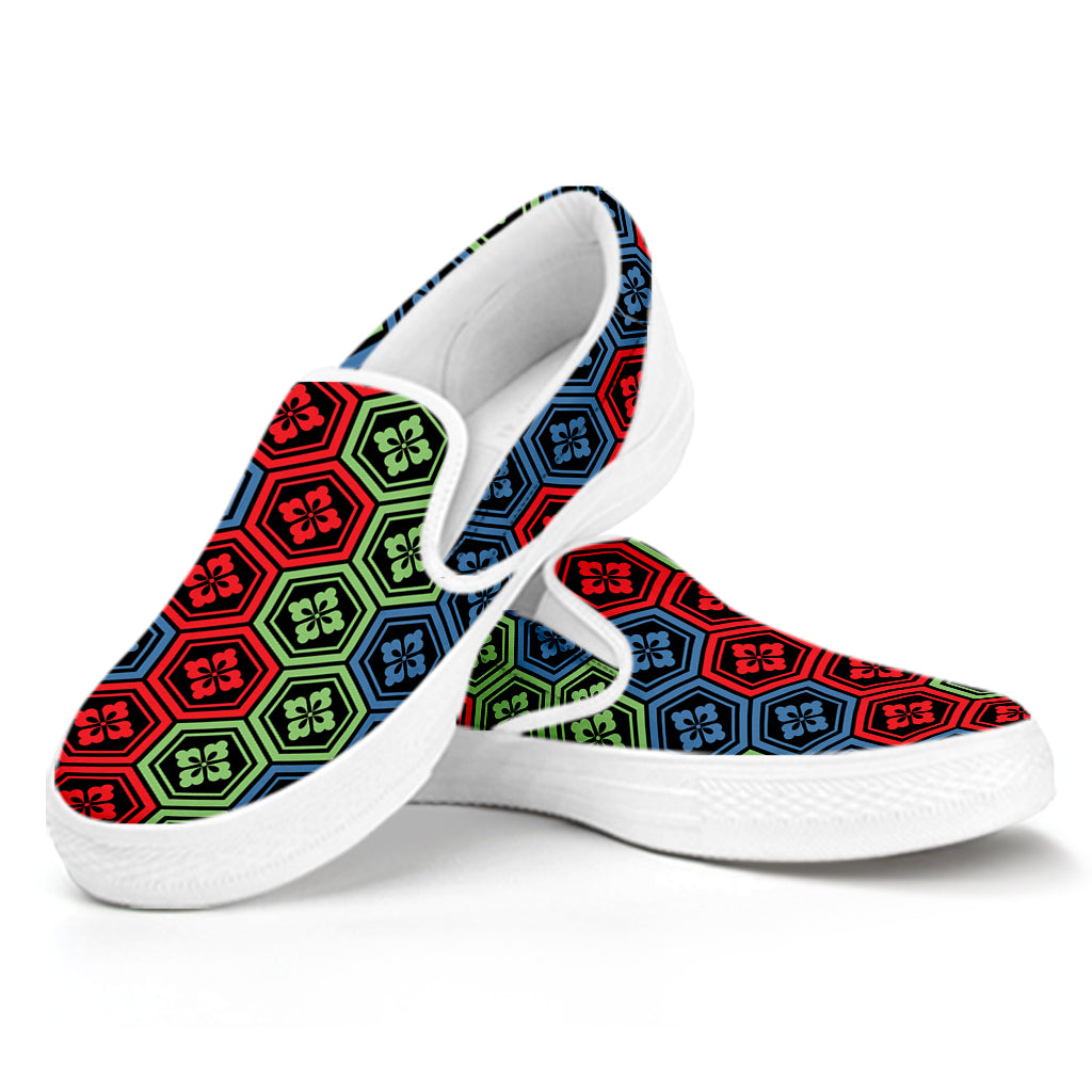 Colorful Japanese Flower Pattern Print White Slip On Shoes