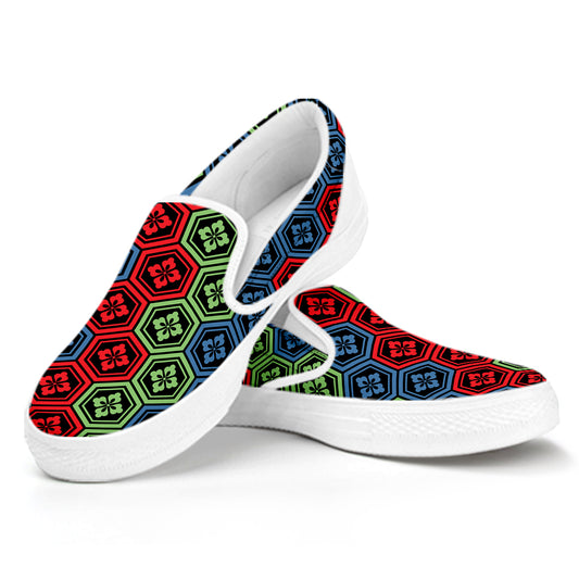 Colorful Japanese Flower Pattern Print White Slip On Shoes