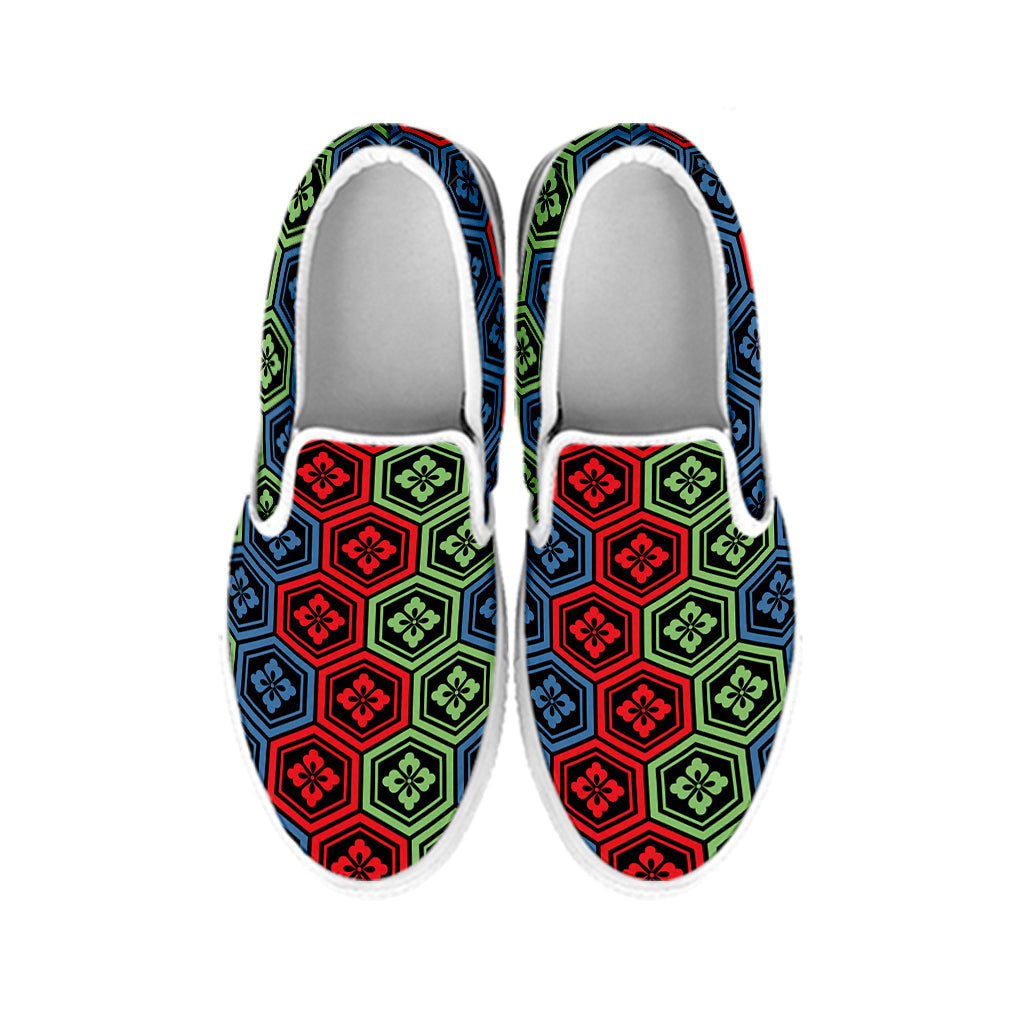 Colorful Japanese Flower Pattern Print White Slip On Shoes
