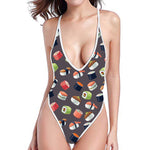 Colorful Japanese Sushi Pattern Print One Piece High Cut Swimsuit
