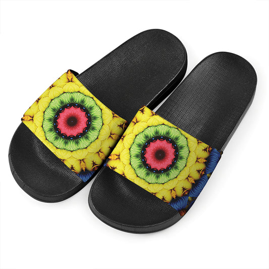 Colorful Kaleidoscope Print Black Slide Sandals