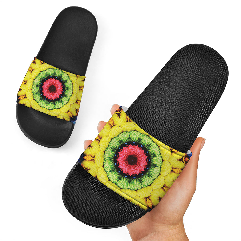 Colorful Kaleidoscope Print Black Slide Sandals