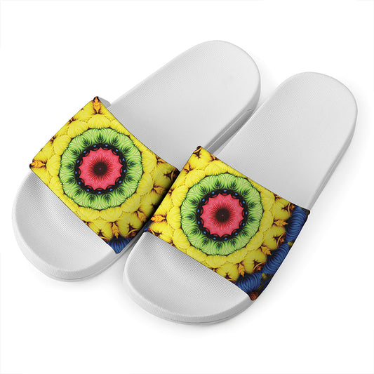 Colorful Kaleidoscope Print White Slide Sandals