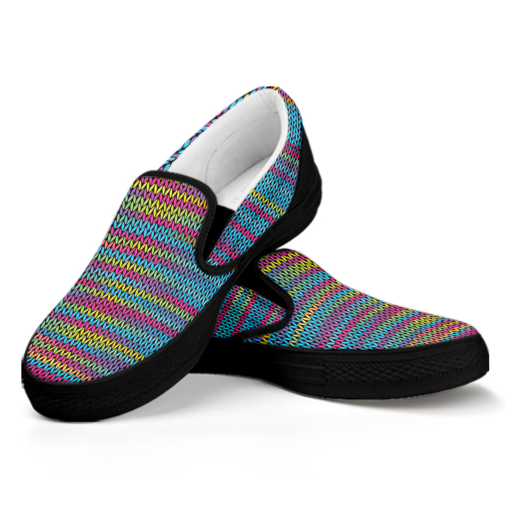 Colorful Knitted Pattern Print Black Slip On Shoes