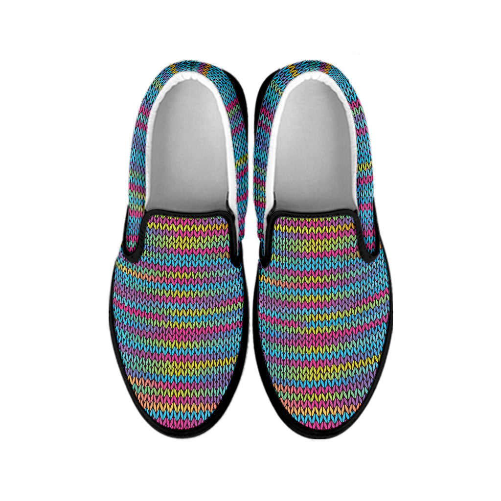 Colorful Knitted Pattern Print Black Slip On Shoes