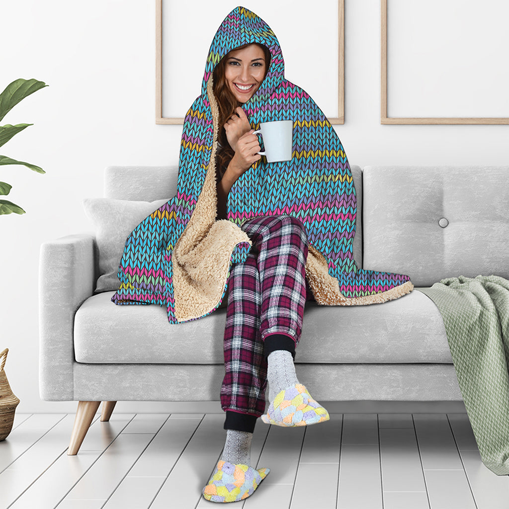 Colorful Knitted Pattern Print Hooded Blanket