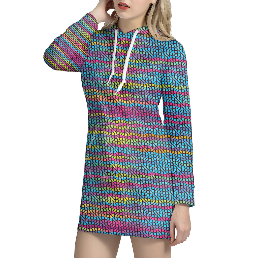 Colorful Knitted Pattern Print Hoodie Dress