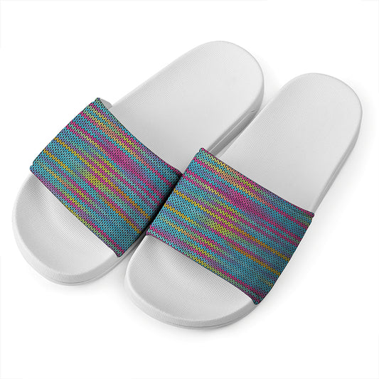 Colorful Knitted Pattern Print White Slide Sandals