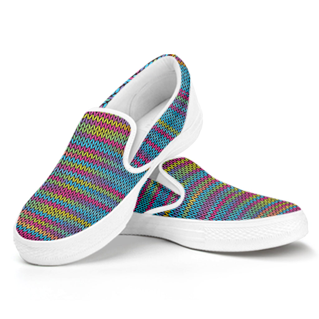 Colorful Knitted Pattern Print White Slip On Shoes