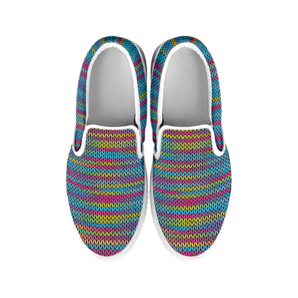 Colorful Knitted Pattern Print White Slip On Shoes