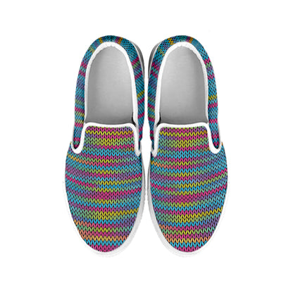 Colorful Knitted Pattern Print White Slip On Shoes