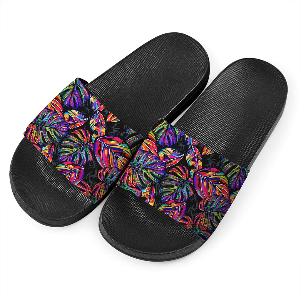 Colorful Leaf Tropical Pattern Print Black Slide Sandals