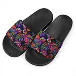Colorful Leaf Tropical Pattern Print Black Slide Sandals