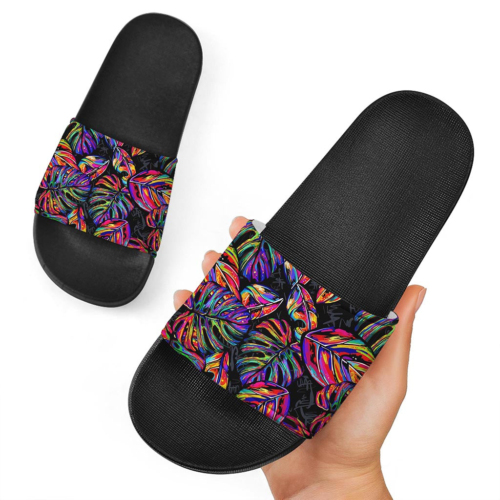 Colorful Leaf Tropical Pattern Print Black Slide Sandals