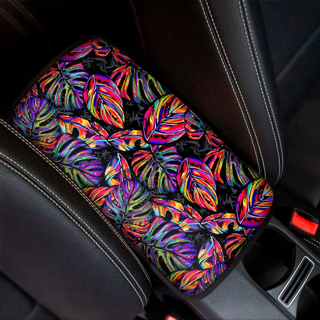Colorful Leaf Tropical Pattern Print Car Center Console Cover