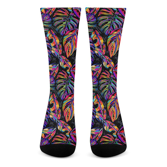 Colorful Leaf Tropical Pattern Print Crew Socks