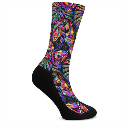 Colorful Leaf Tropical Pattern Print Crew Socks