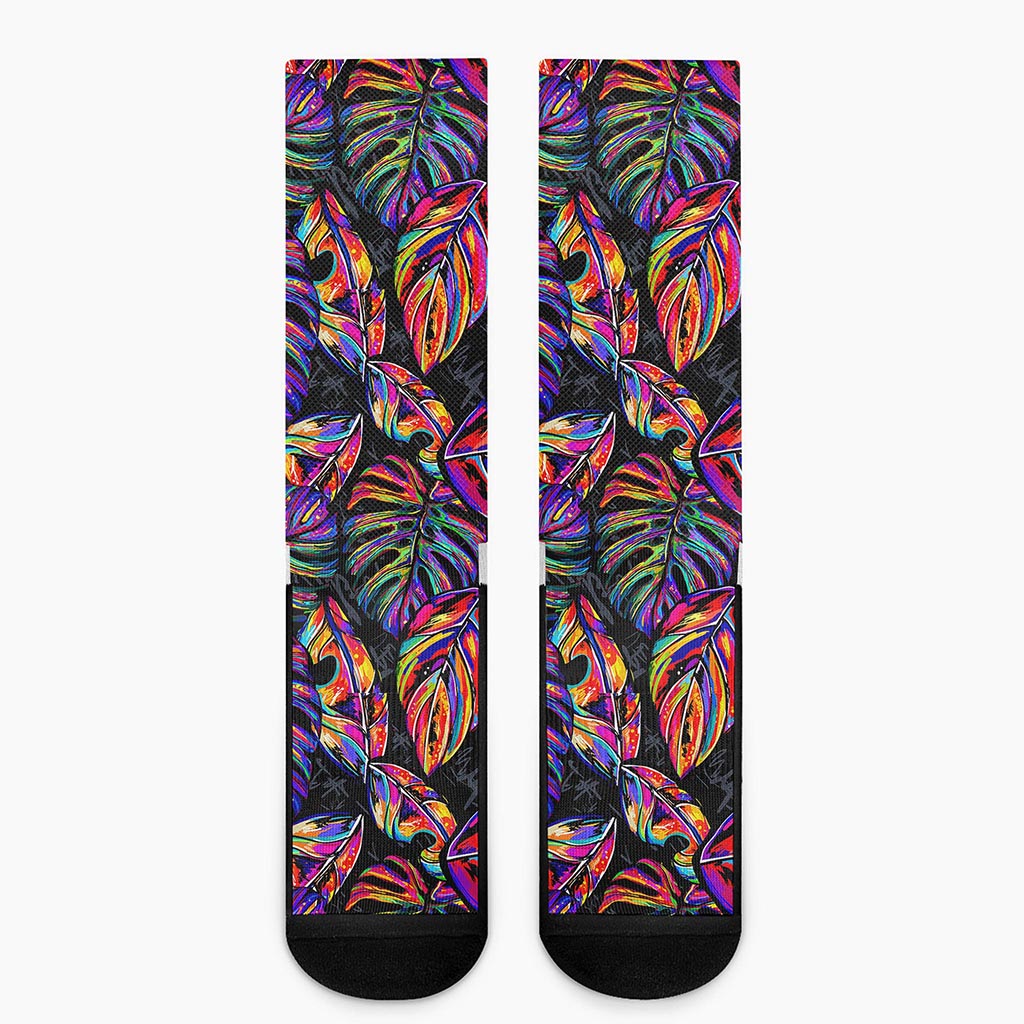 Colorful Leaf Tropical Pattern Print Crew Socks