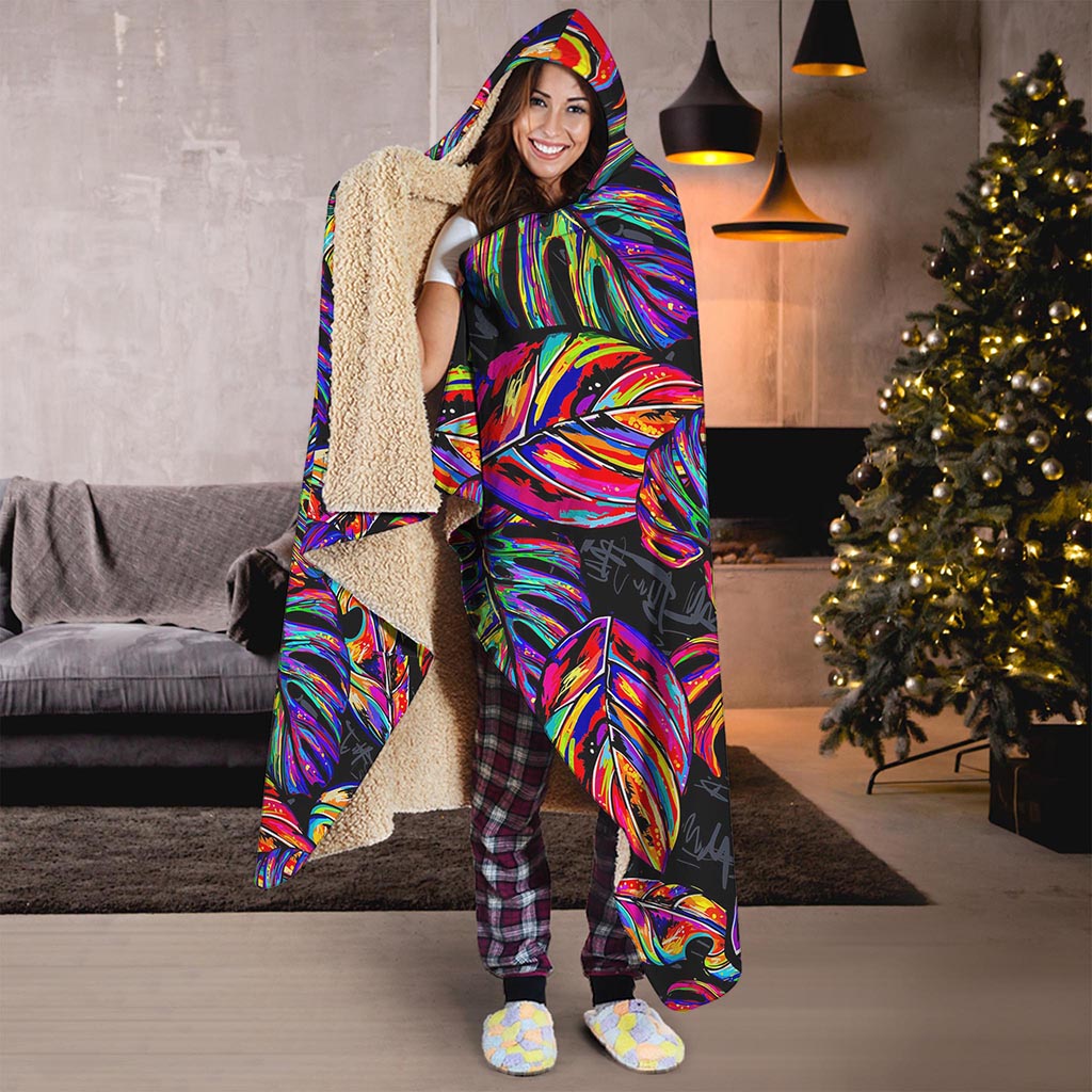 Colorful Leaf Tropical Pattern Print Hooded Blanket