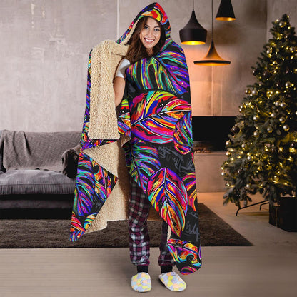 Colorful Leaf Tropical Pattern Print Hooded Blanket