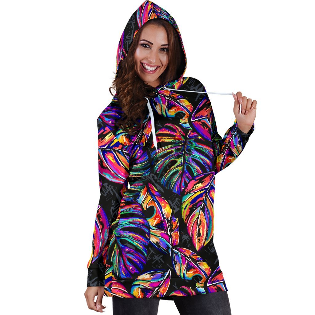 Colorful Leaf Tropical Pattern Print Hoodie Dress GearFrost